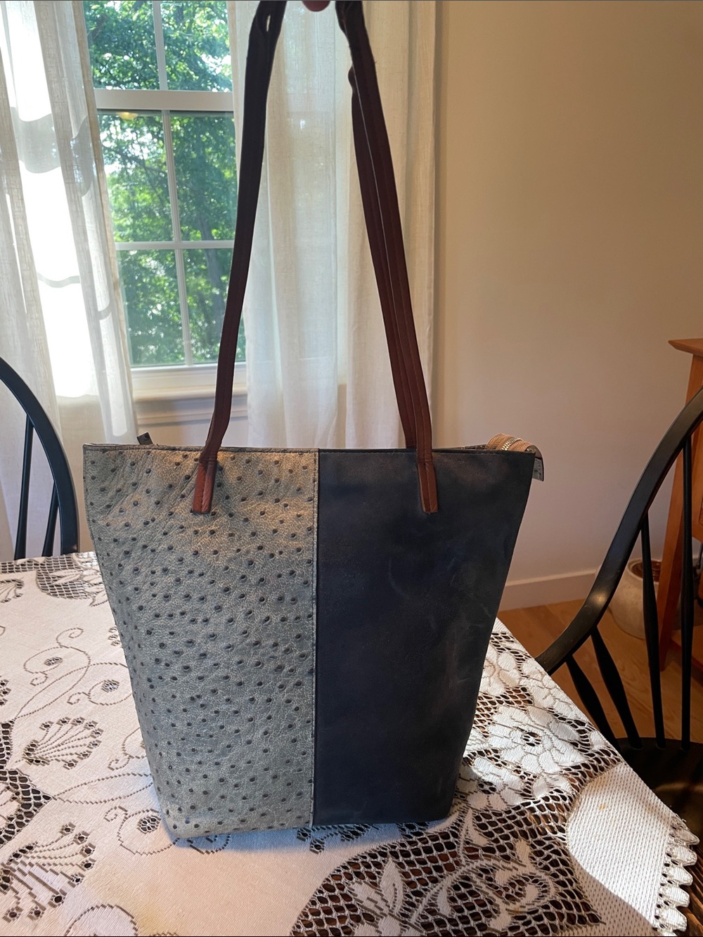 B- Day Two-Tone Gray Medium Brown Straps Tote